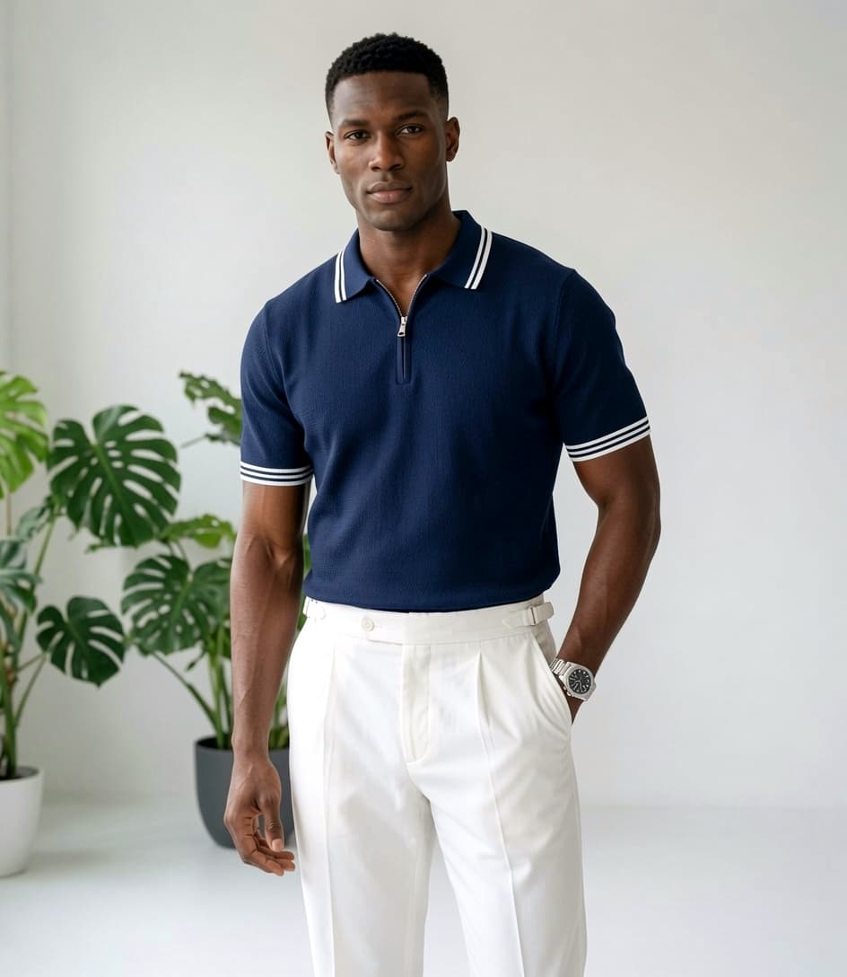 A model wearing the Rovamen navy zip-knit polo with ivory trousers